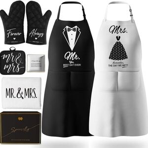 Mr and Mrs 8 Piece Kitchen Cooking Apron Gift Set For Couples